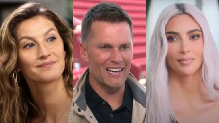 From left to right: Gisele Bündchen in an ABC News interview, Tom Brady in BTS video for 80 for Brady and Kim Kardashian in The Kardashians.