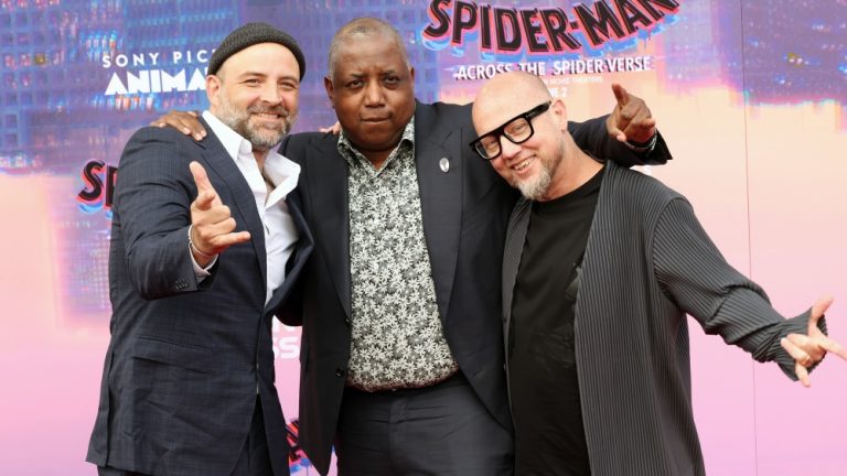 LOS ANGELES, CALIFORNIA - MAY 30: (L-R) Joaquim Dos Santos, Kemp Powers and Justin K. Thompson attend the world premiere of "Spider-Man: Across The Spider-Verse" at Regency Village Theatre on May 30, 2023 in Los Angeles, California. (Photo by Monica Schipper/Getty Images)