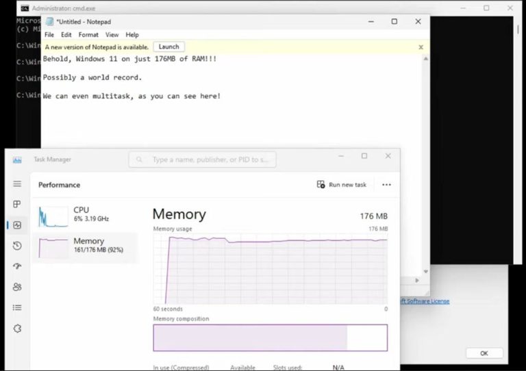 Démo de Windows 11 fonctionnant avec seulement 176 Mo de RAM