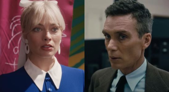 Margot Robbie in Barbie and Cillian Murphy in Oppenheimer side by side