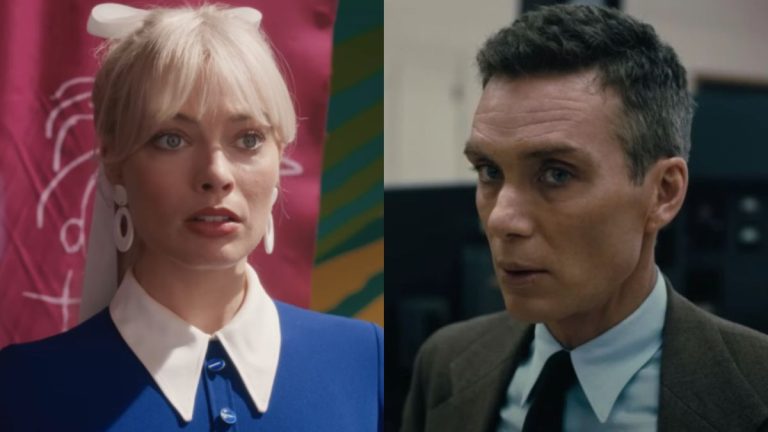 Margot Robbie in Barbie and Cillian Murphy in Oppenheimer side by side