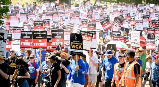 Protestors gather in support of the 2023 Writers Guild of America strike at La Brea Tar Pits in Los Angeles, California on June 21, 2023.