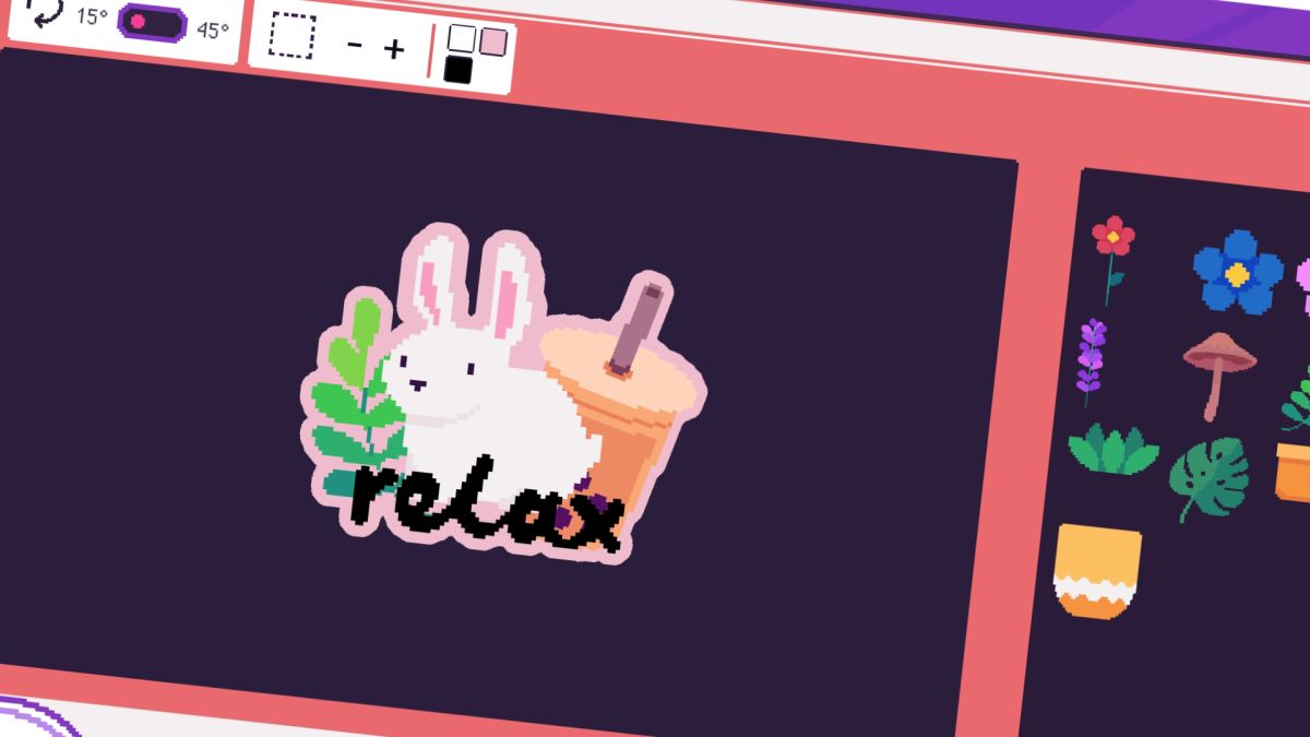 A sticker created in Sticky Business. A white rabbit sits in front of some boba tea and a leaf with the text 