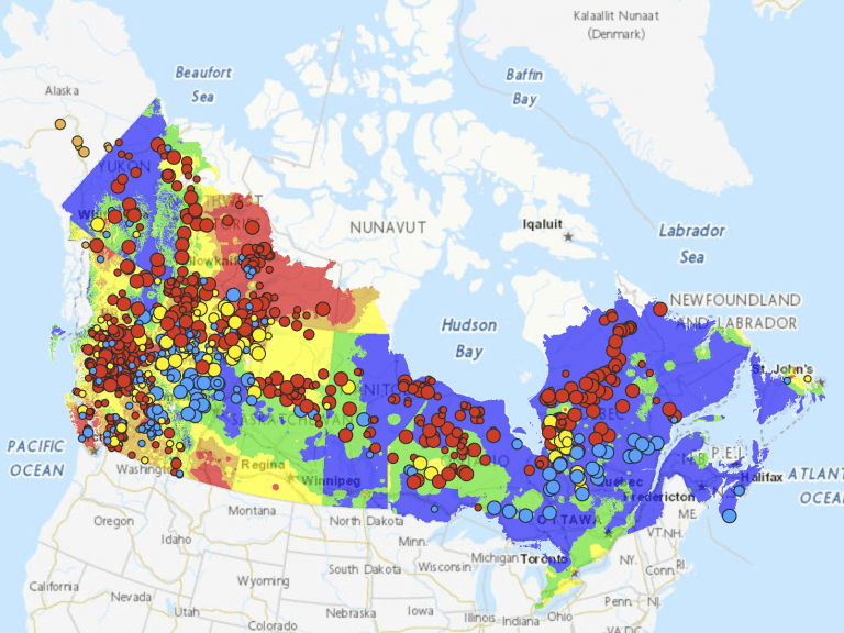 La carte montre les régions du Canada les plus touchées par les incendies de forêt