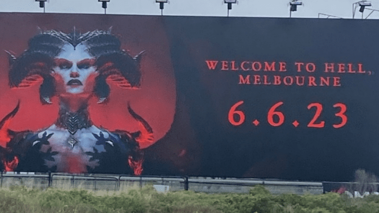 A billboard of Lilith, a horned devilish antagonist from Diablo 4, looming at the viewer, with the words: 