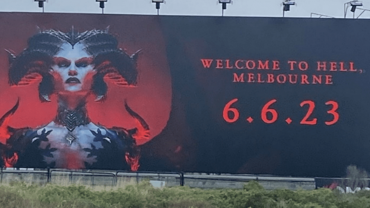 A billboard of Lilith, a horned devilish antagonist from Diablo 4, looming at the viewer, with the words: 