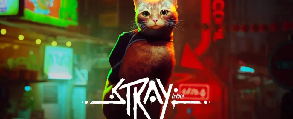 The cat from Stray, with a neon city in the backgroubd.