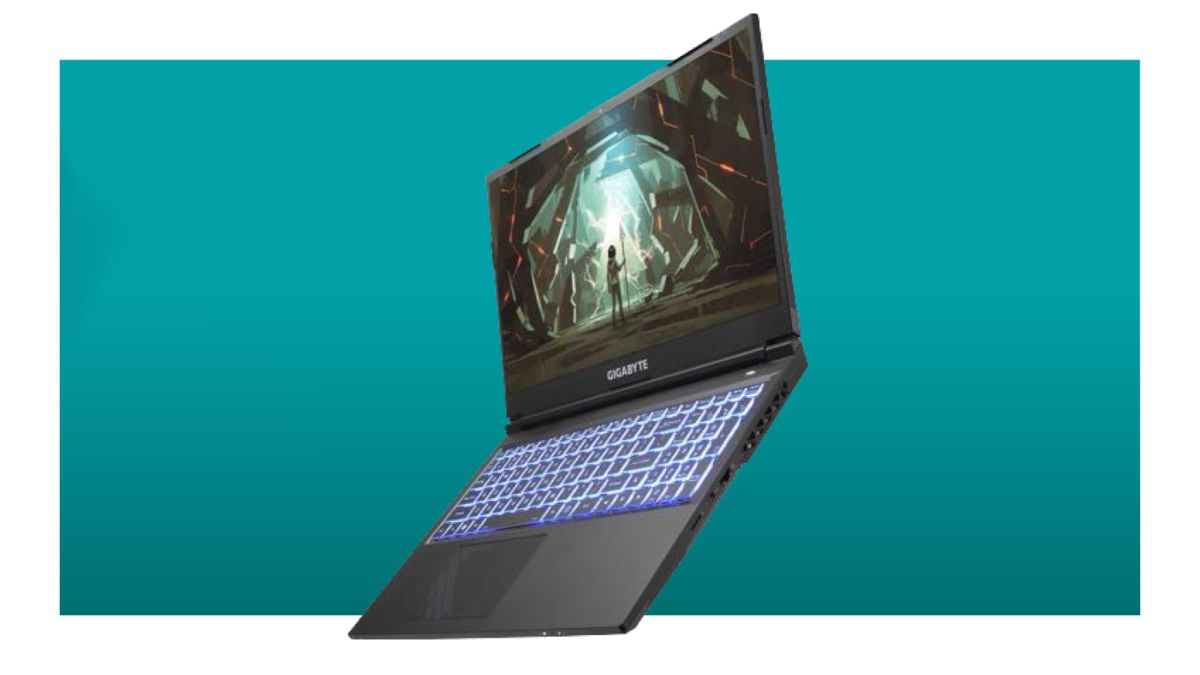 A Gigabyte G5 gaming laptop on a blue background.