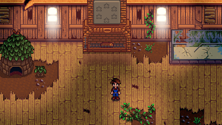 The farmer from Stardew Valley stands in the middle of a desolate community centre.