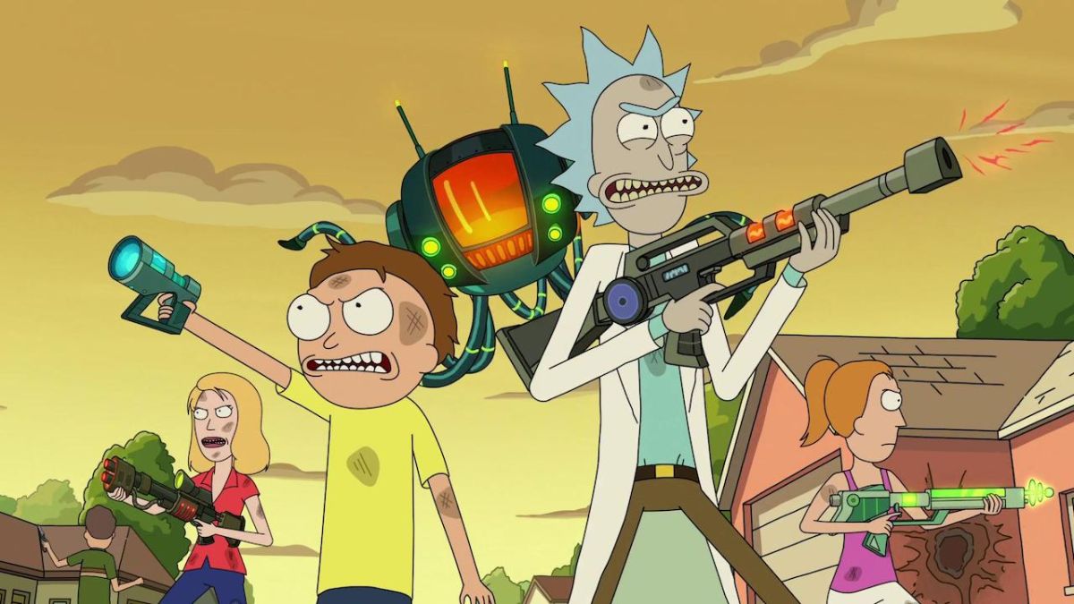 Rick and Morty and their family members battling aliens