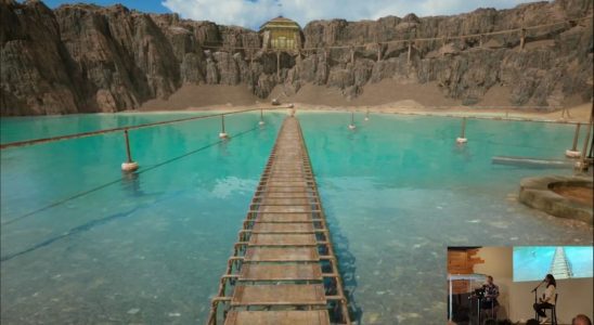 on-stream view of gameplay from the remake of Riven: The Sequel to Myst, showing a boiler on the shore of a crater lake with scaffolding going out into the middle of the lake