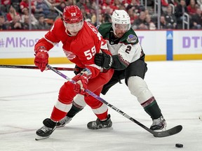 Tyler Bertuzzi des Detroit Red Wings et Patrik Nemeth des Arizona Coyotes se battent pour le contrôle de la rondelle au Little Caesars Arena le 25 novembre 2022 à Detroit.