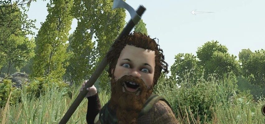A bearded baby gleefully wields an axe in Mount and Blade 2: Bannerlord.