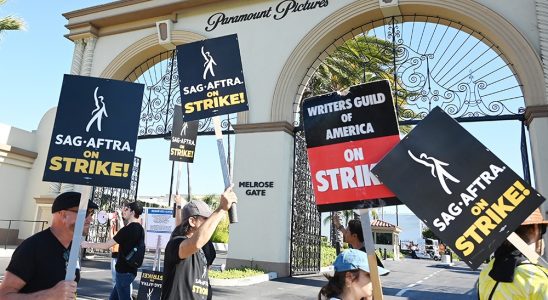 SAG-AFTRA and WGA Members and Supporters walks the picket line in support of the SAG-AFTRA and WGA strike at the Paramount Pictures Studio on July 14, 2023 in Los Angeles, California.