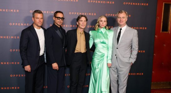 PARIS, FRANCE - JULY 11: Matt Damon, Robert Downey Jr., Cillian Murphy, Emily Blunt and Christopher Nolan attend the "Oppenheimer" premiere at Cinema Le Grand Rex on July 11, 2023 in Paris, France. (Photo by Pierre Suu/WireImage)