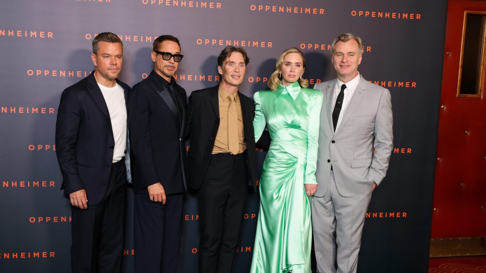 PARIS, FRANCE - JULY 11: Matt Damon, Robert Downey Jr., Cillian Murphy, Emily Blunt and Christopher Nolan attend the "Oppenheimer" premiere at Cinema Le Grand Rex on July 11, 2023 in Paris, France. (Photo by Pierre Suu/WireImage)