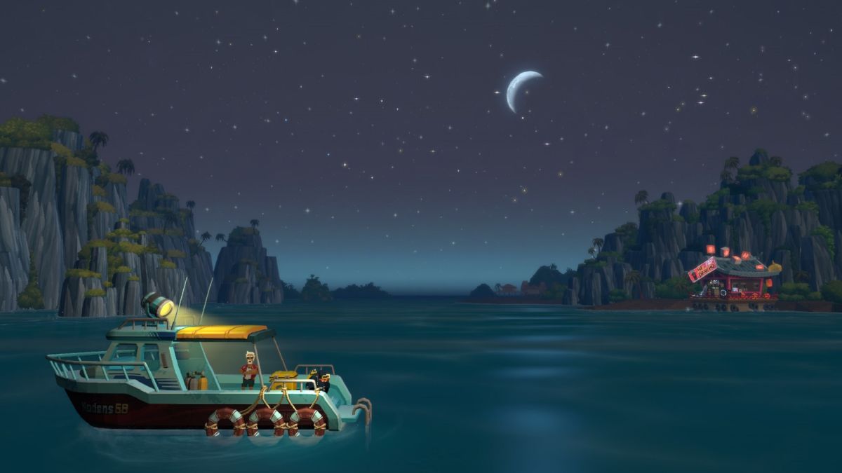 A speedboat on the water with a sushi restaurant in the distance at night