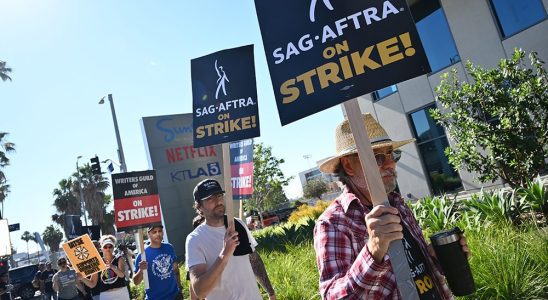 SAG-AFTRA and WGA Members and Supporters walks the picket line in support of the SAG-AFTRA and WGA strike at the Netflix Studios on July 14, 2023 in Los Angeles, California.