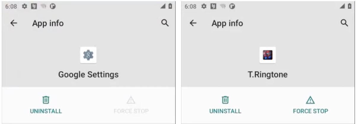 Une capture d'écran montrant l'application Spyhide comme "Paramètres Google" et "T. Sonnerie"