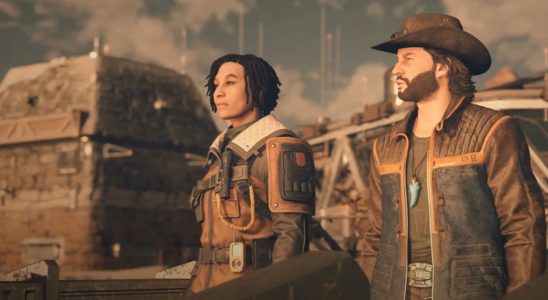 A still from a Starfield trailer where a companion NPC - a cowboy - lovingly confesses his affection to the main protagonist.