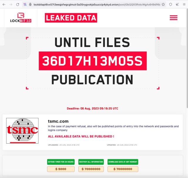 Capture d'écran de la page LockBit revendiquant la responsabilité du piratage de TSMC.