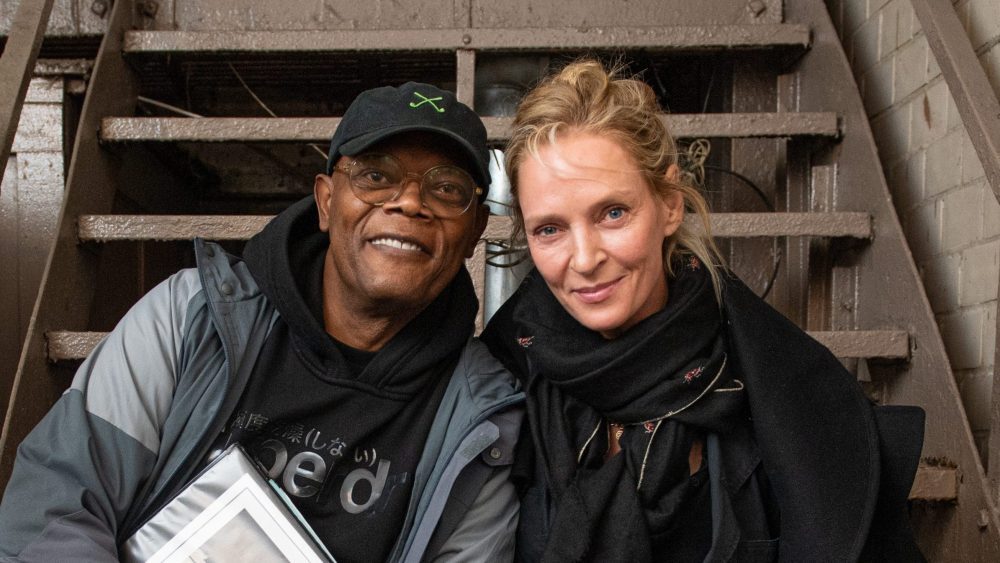 NEW YORK, NEW YORK - OCTOBER 01: Uma Thurman (R) reunites with Samuel L. Jackson (L) at an early preview performance of August Wilson's "The Piano Lesson" on Broadway at the Barrymore Theatre on October 01, 2022 in New York City. (Photo by Noam Galai/WireImage)