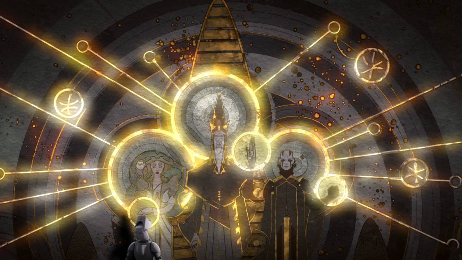 Peinture murale de Mortis sur l'entrée du Monde entre les mondes dans Star Wars Rebels