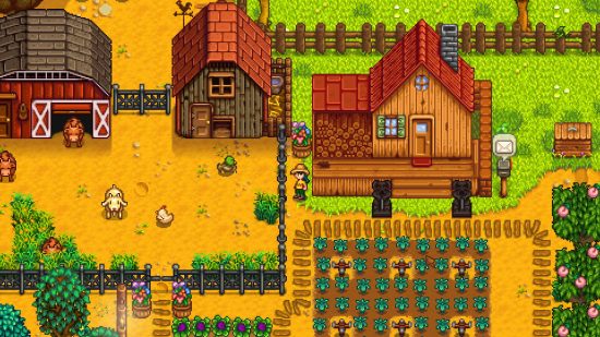 Des jeux comme Sims : Un aperçu d'une ferme florissante à Stardew Valley, qui comprend un potager, une grange pour animaux et un chemin pittoresque jusqu'à la maison dont vous héritez au début de la simulation agricole.