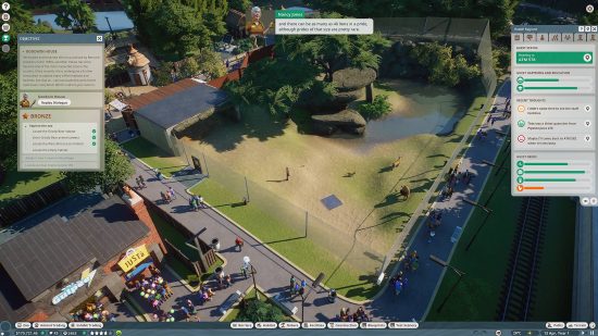 Des jeux comme Sims : Une vue d'ensemble d'un zoo dans Planet Zoo, représentant des visiteurs se déplaçant sur un chemin qui serpente autour d'une enceinte vide.