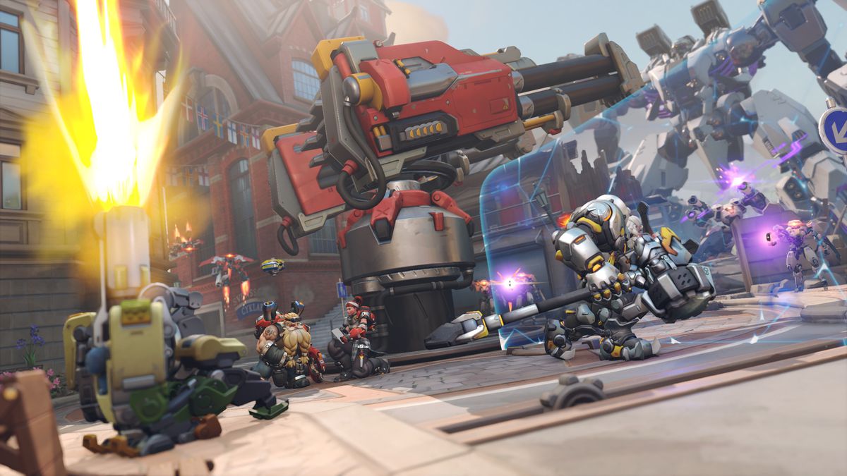 Reinhardt, Torbjorn, Brigitte et Bastion se défendent contre les forces du secteur nul dans une capture d'écran des missions de l'histoire d'Overwatch 2.