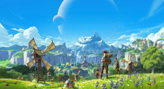 Palia key art - a grassy plain with a mountain in the background where a character stands with a backpack in front of a windmill