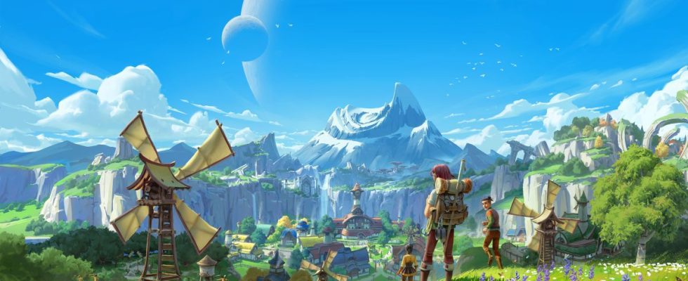 Palia key art - a grassy plain with a mountain in the background where a character stands with a backpack in front of a windmill