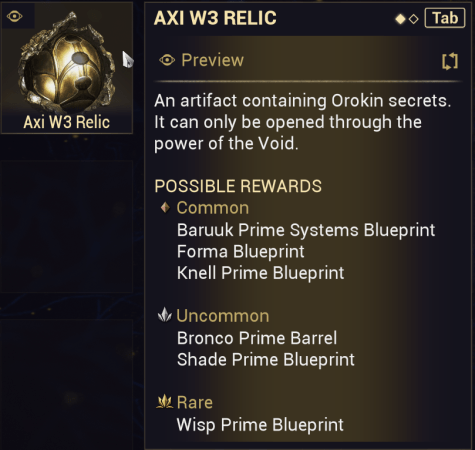 Axi W3 Relics Warframe, nécessaire pour déverrouiller le Blueprint pour Wisp Prime.