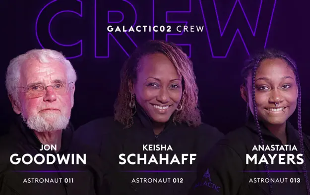 Image promotionnelle de l'équipage de Virgin Galactic 02 avec leurs portraits et leurs noms sur fond noir.