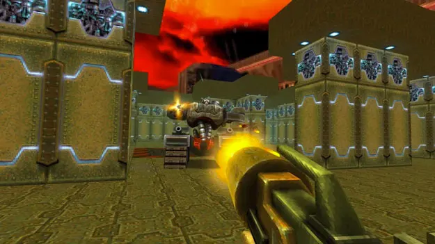 Capture d'écran de Quake II Remastered, dans laquelle une arme tenue du point de vue du joueur est pointée vers une chose au loin.