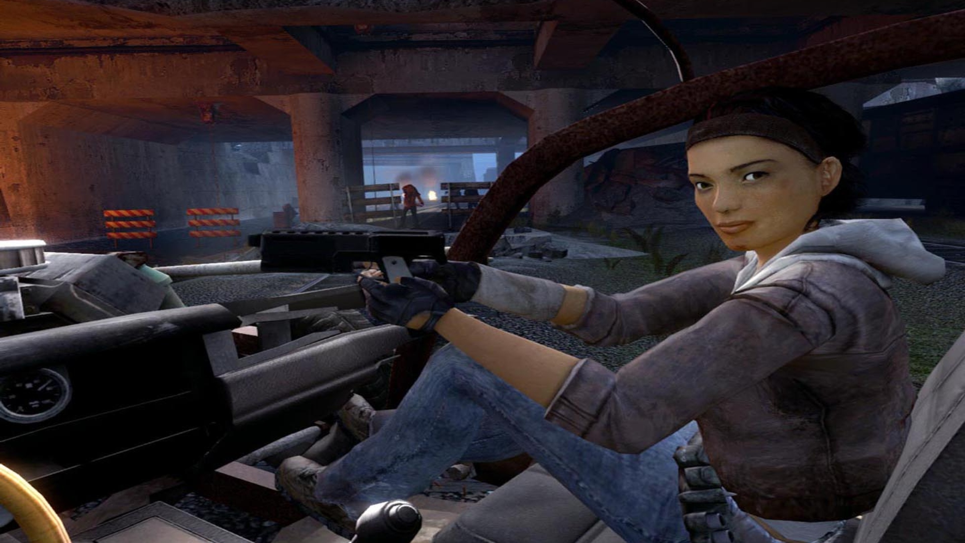 Roman Half-Life : Une jeune femme, Alyx Vance, est assise sur le siège passager d'une voiture dans le jeu Valve FPS Half-Life 2