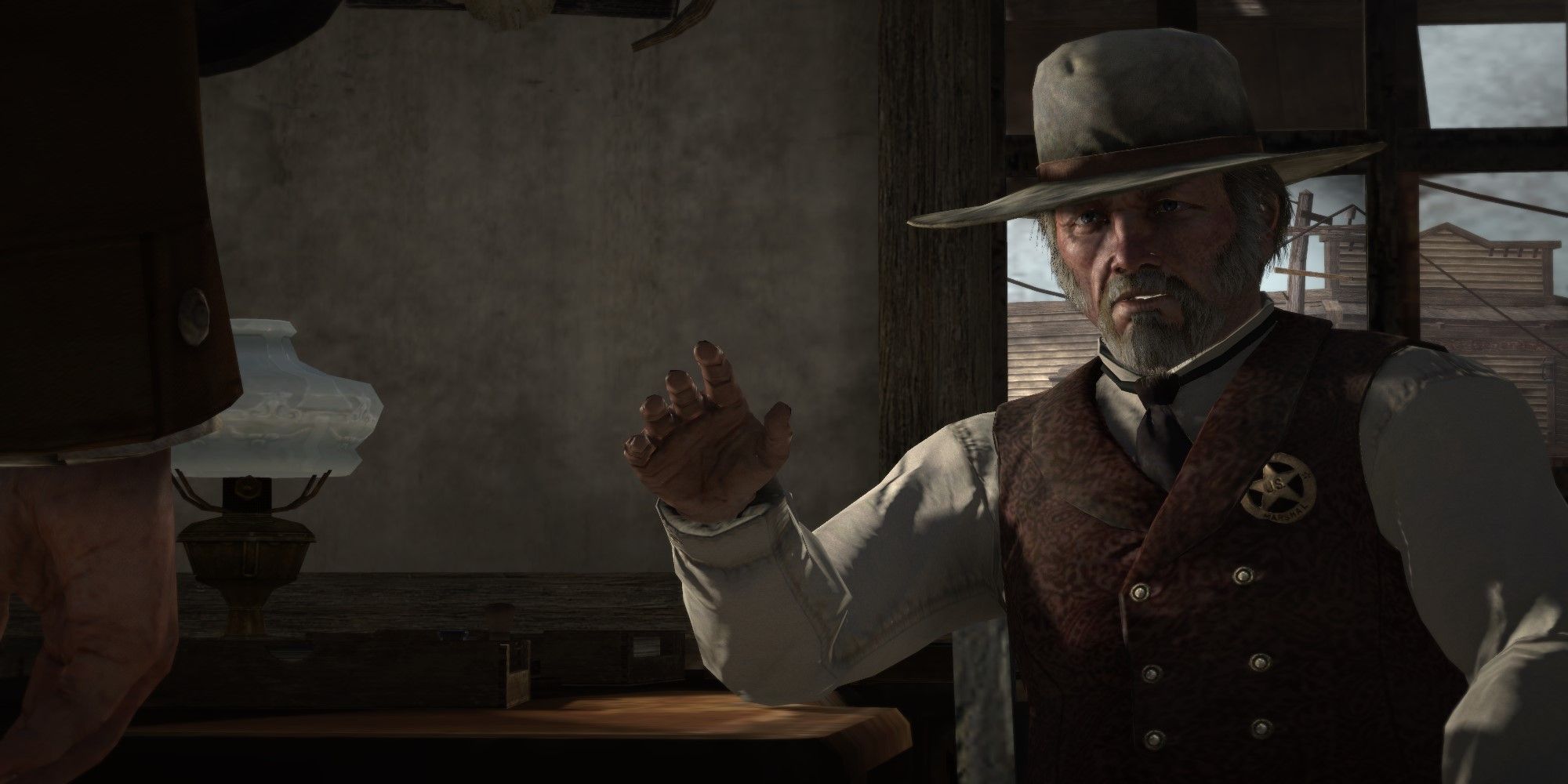 Le maréchal Johnson de Red Dead Redemption s'adressant à M. MacFarlane au début de la mission de suspendre Bonnie Macfarlane