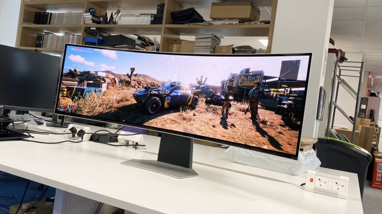 Samsung Odyssey OLED G9 displaying a Cyberpunk 2077 desert scene