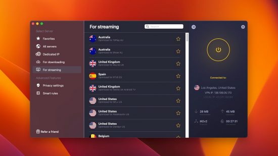 Capture d'écran de la revue Cyberghost montrant les options de streaming