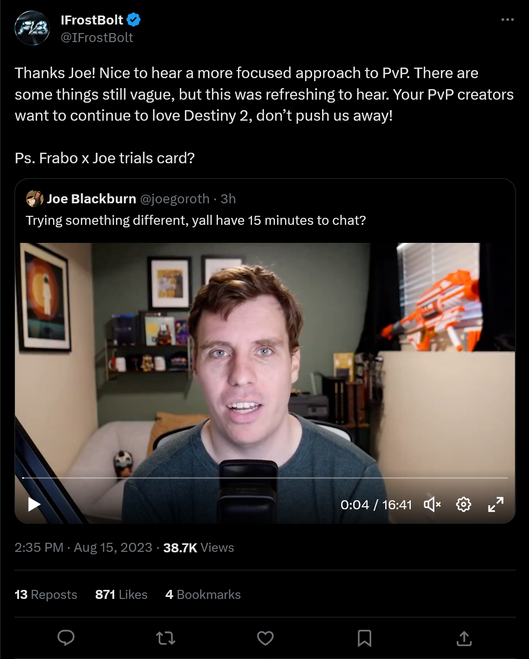Merci Joe !  Ravi d'entendre une approche plus ciblée du PvP.  Il y a des choses encore vagues, mais c'était rafraîchissant à entendre.  Vos créateurs PvP veulent continuer à aimer Destiny 2, ne nous repoussez pas !  Ps.  Carte d'essais Frabo x Joe?