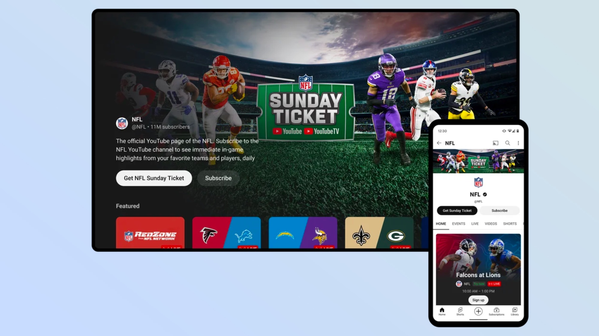 NFL Sunday Ticket sur YouTube diffusé sur un téléviseur et un téléphone