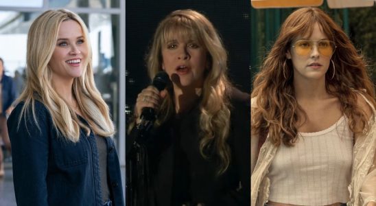 From left to right: A press image of Reese Witherspoon in The Morning Show, A screenshot of Stevie Nicks singing and a press image of Riley Keough in Daisy Jones and The Six.