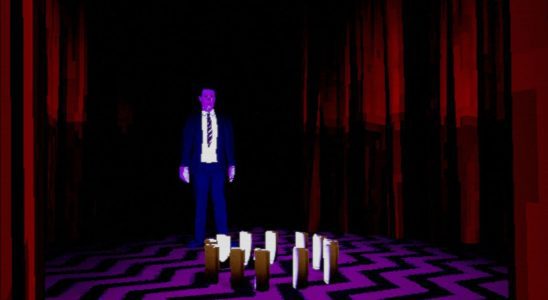 Agent Cooper stands in the Black Lodge.