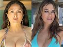 Salma Hayek, à gauche, et Elizabeth Hurley portent toujours fièrement des bikinis dans la cinquantaine.