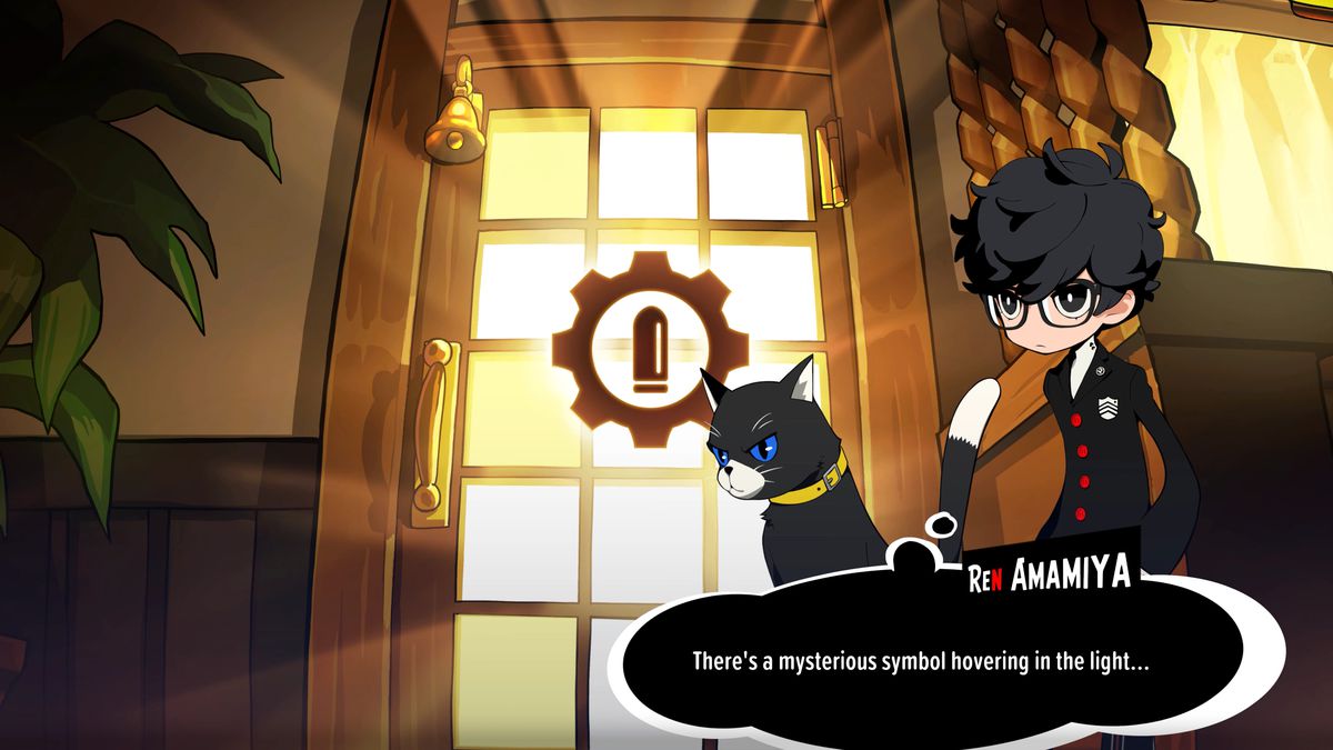 Morgana et Joker observent une porte mystérieuse apparue au Café Leblanc dans Persona 5 Tactica