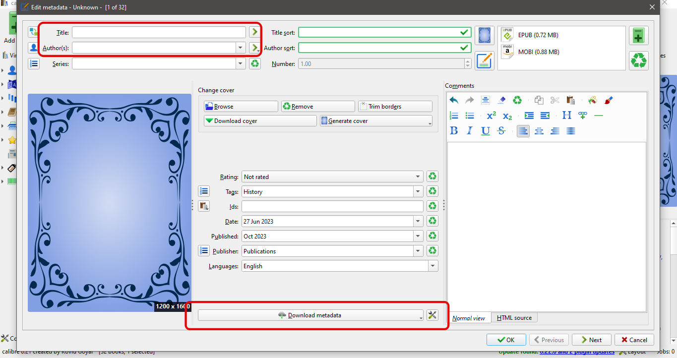 Capture d'écran de Modifier les métadonnées sur Calibre
