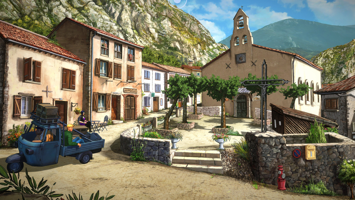 Un homme monte à l'arrière d'une petite camionnette à trois roues sur la place d'un village pittoresque du sud de la France, dans les montagnes, dans Broken Sword: Parzival's Stone.