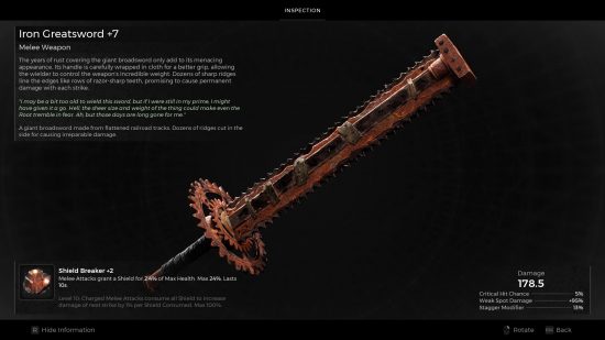 Armes restantes 2 : L'Iron Greatsword, une énorme arme de mêlée dentelée telle qu'elle apparaît dans l'inventaire.