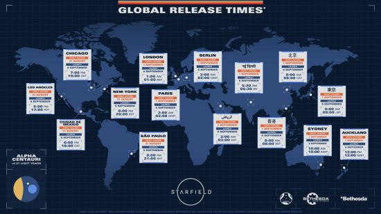 Une infographie montrant une carte du monde avec toutes les différentes heures de sortie du champ d'étoiles.