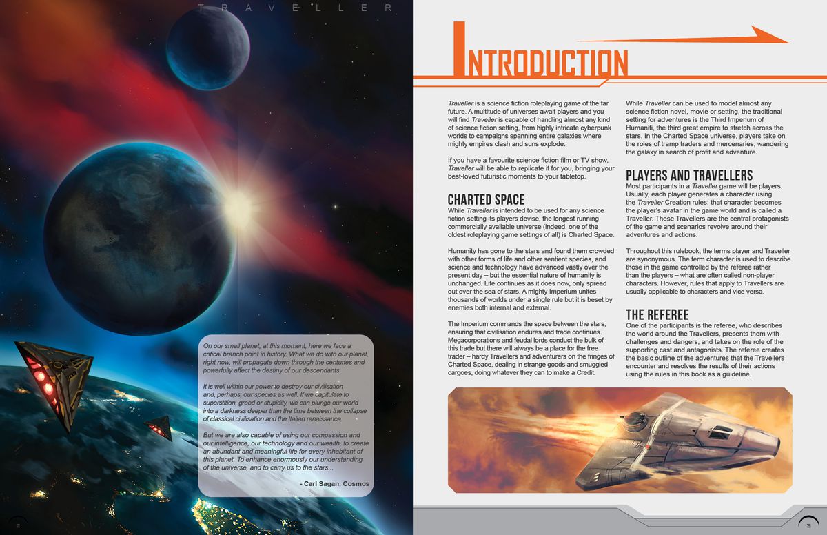 Une double page de la mise à jour Traveler Core Rulebook 2022.  Il montre un lever de soleil sur une lune lointaine au-dessus d'un système peuplé.  Deux vaisseaux triangulaires se précipitent vers le terminateur.